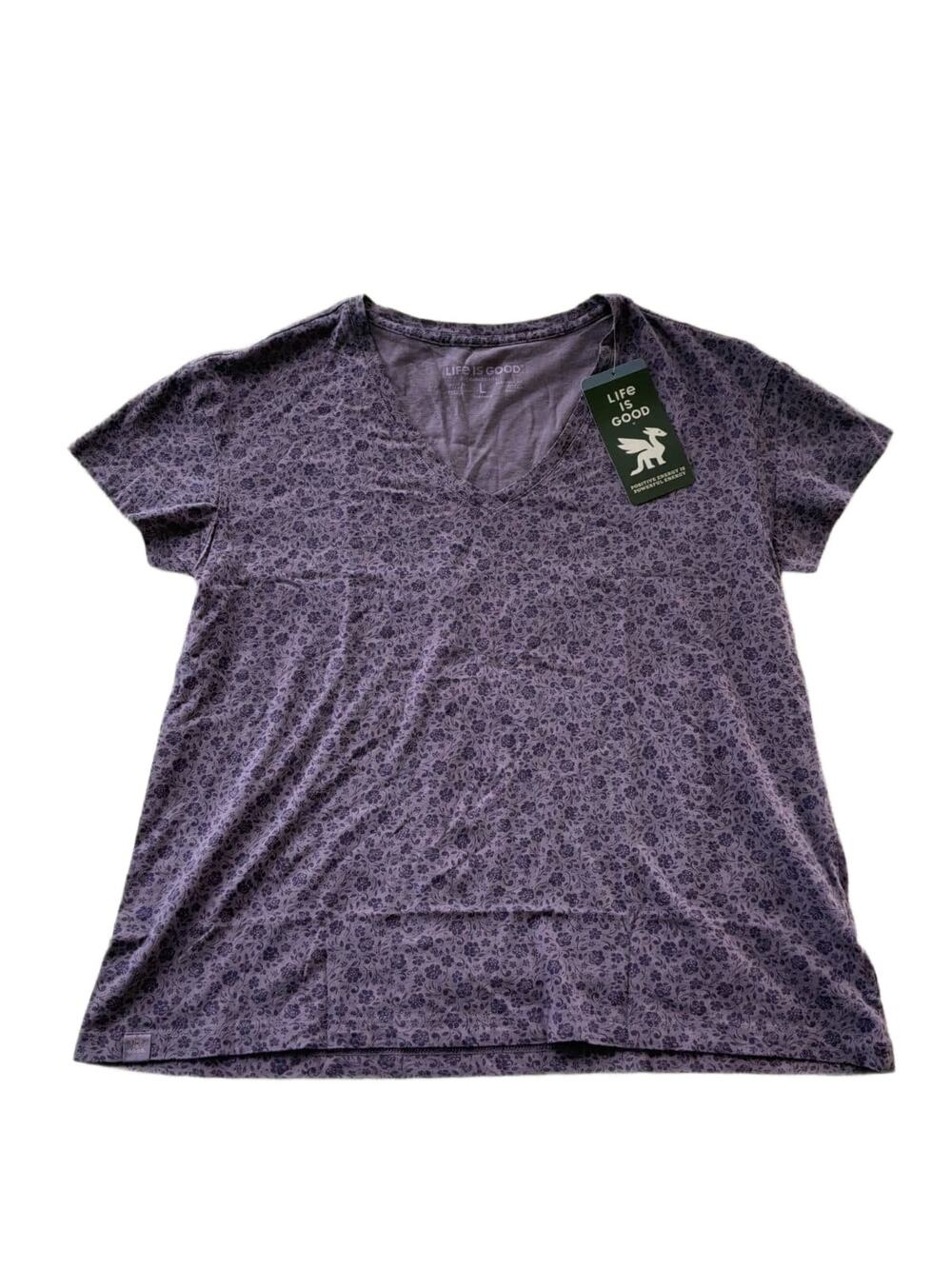 Life is Good Crusher-Lite Womens L Purple Paw Floral V-Neck T-Shirt NWT Cotton T
